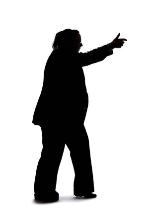 Silhouette of a curvy or plus size businesswoman on a white background for composites.  She is pointing at somethingの写真素材