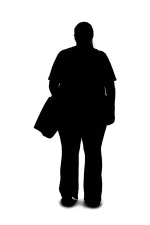 Silhouette of a curvy or plus size woman on a white background.  She is unrecognizable and is wearing casual apparel and waiting in lineの写真素材