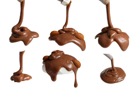 Pouring chocolate cream isolated on white background. Several different options.の写真素材