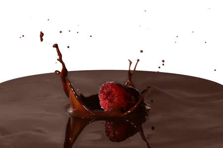 A splash of chocolate. Raspberries fall in chocolate. A delicious dessert.