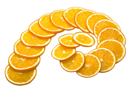 Orange slices isolated on white background. Have the form of a Fibonacci curve.