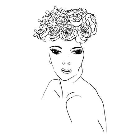 Silhouette of a girl with flowers on her head, a symbol of the nature of cosmetics. Face with flowers. Vector line.のイラスト素材