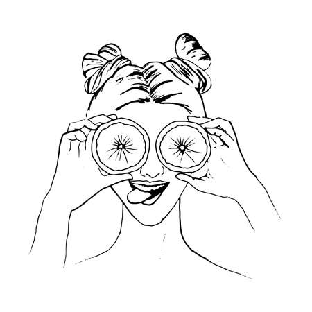 The girl is cheerful, smiles, instead of eyes holds the halves of an orange, like glasses. Vector outline of a cheerful woman silhouetteのイラスト素材