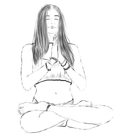 Illustration,girl in lotus position,with closed eyes ,hands in namaste.Meditationの写真素材