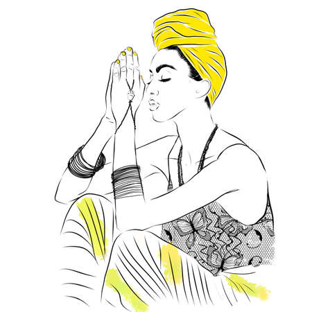 Illustration.A woman has a turban on her head, many bracelets on her hands , the girl sits with her eyes closed , her hands are in namaste .Meditationの写真素材