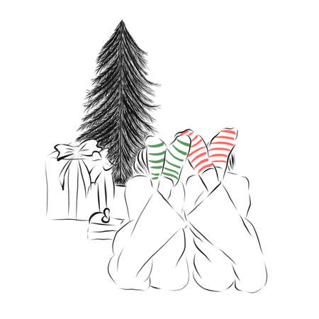 Illustration, two girls lie and look at the Christmas tree with gifts. Girls wear striped socksの写真素材