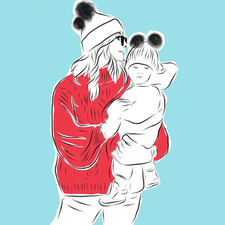 A girl holds a child in her arms. The woman is wearing a red sweater and a knitted hat. A child in a warm suit and a hat with pompoms.Illustrationの写真素材
