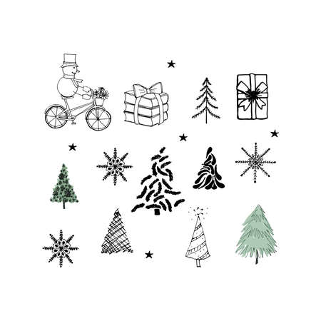 Set of new year icons.Christmas tree, snowman, snowflake giftのイラスト素材