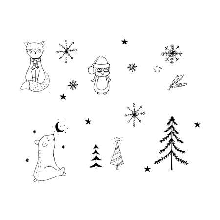Set of animals.Fox,bearpenguinsnowflaketreeVectors graphic artsのイラスト素材