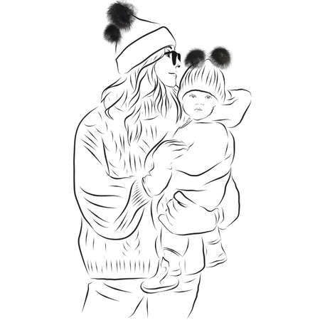A girl holds a child in her arms. The woman is wearing a sweater and a knitted hat. A child in a warm suit and a hat with pompoms.Illustrationの写真素材