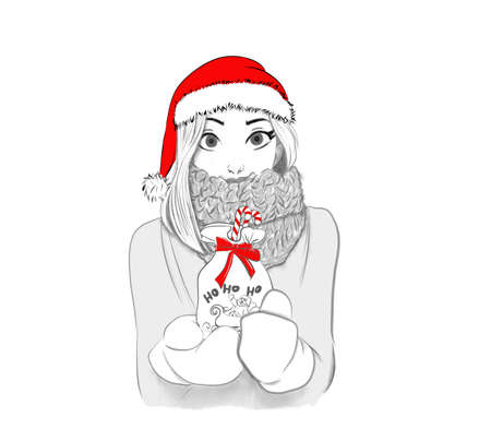 A girl in a New Years cap holding a gift in her hands. Festive illustrationの写真素材