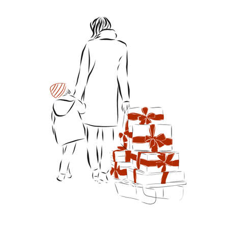 Illustration, mom and daughter on a sleight are carrying a lot of gifts,with red bowsの写真素材