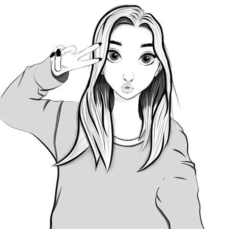 Illustration,a young girl shows two fingers.Helloの写真素材