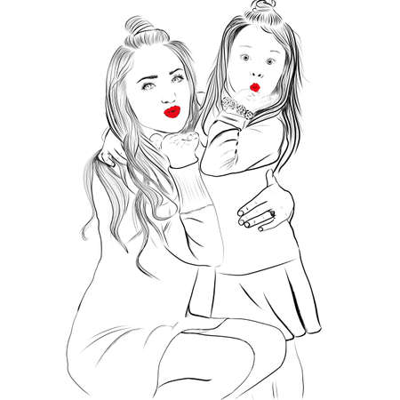 Illustration,mom and daughter blowing an air kiss.Woman hugs girlの写真素材