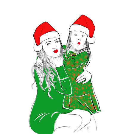 Illustration,mom and daughter blowing an air kiss.Woman hugs girl.Girls in red capsの写真素材