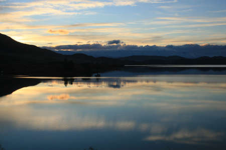 Winter sunset over lakes and mountains, New Zealandの写真素材