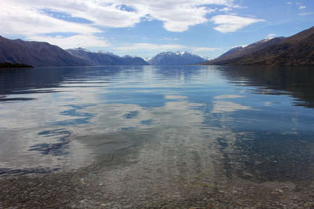 Looking up Lake Ohauの写真素材