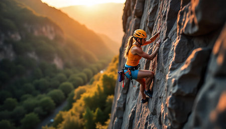Young woman climbing on a rocky wall at sunset. Female climber.の素材