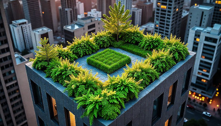 Miniature city with green plant on top of building, 3d renderの素材