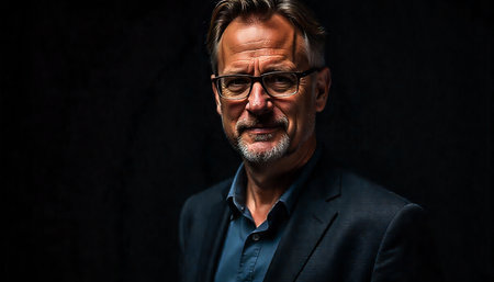 Portrait of a handsome senior man with glasses over black background.の素材