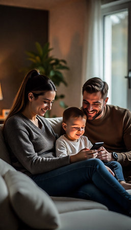 happy young family using smartphone while sitting on sofa in living room at homeの素材