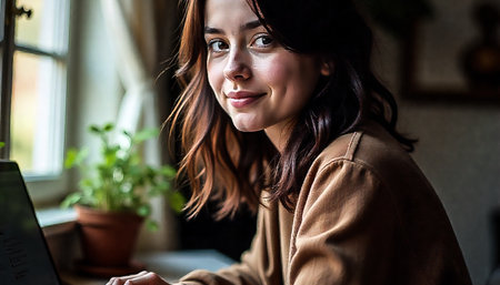 Portrait of a beautiful young woman sitting at a table in a cafeの素材