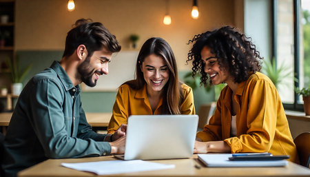 multiethnic businesspeople using laptop at meeting in cafe and smilingの素材