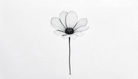 Black and white cosmos flower isolated on white background. Minimal style.の素材