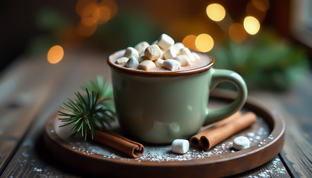 Cup of hot cocoa with marshmallows and cinnamon sticks on wooden backgroundの素材