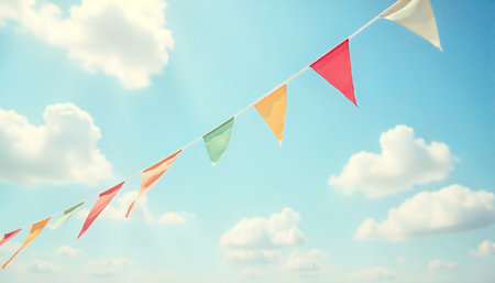 Colorful bunting flags on blue sky background, vintage tonedの素材