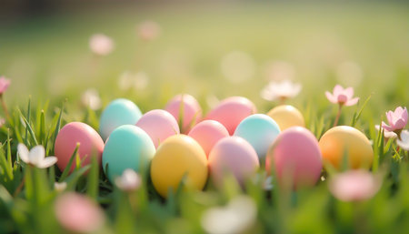 Colorful easter eggs on green grass with flowers, shallow depth of fieldの素材