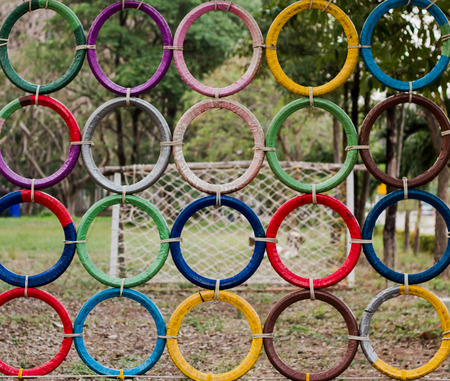 Colorful circle mesh is made from motorcycle tires.の写真素材