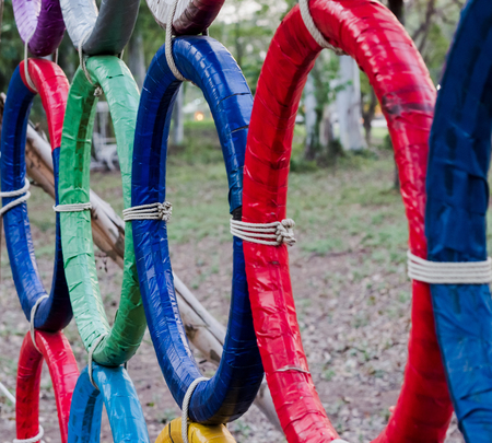 Colorful circle mesh is made from motorcycle tires.の写真素材