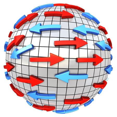 Red and blue arrows on abstract globe. Arrows moves in different direction. Conceptual 3d illustrationの写真素材