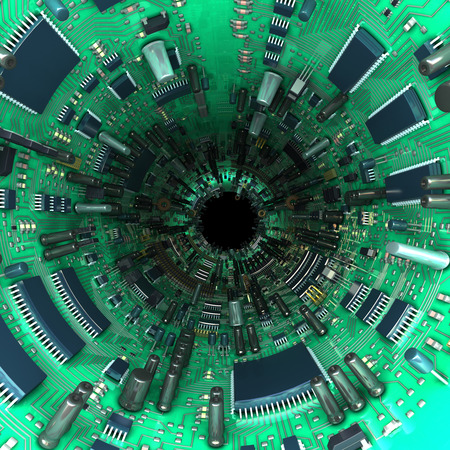 High technology tunnel made of mainboards and electrical parts. 3d illustration