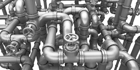 Maze made of steel pipes. Fantasy pipeline at chemical factory on white background. Industrial 3d illustration.の写真素材