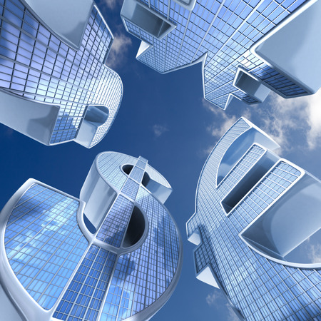 skyscraper currency, euro,dollar,pound,yen. Fantasy global finance center. Business 3d illustrationの写真素材