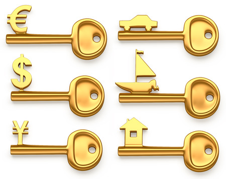 Diffirent Golden keys symbolizing Euro,Dollar,Yen,House,Yacht and car. Conceptual investment 3d illustration isolated on  white backgroundの写真素材