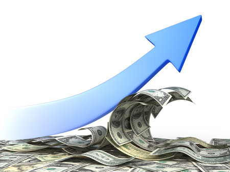Arrow move up on wave of dollars. Conceptual business and finance 3d illustrationの写真素材