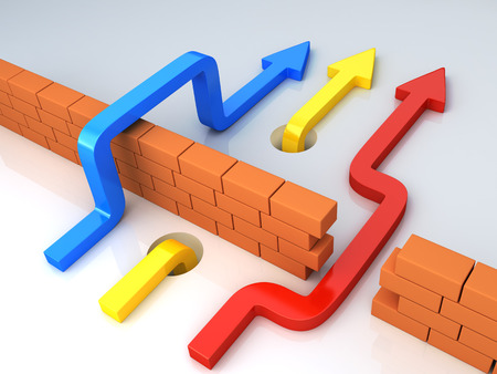 Business overcomes obstacles applying different strategy. Multicolor arrows goes across brick wall. Conceptual 3d  illustrationの写真素材