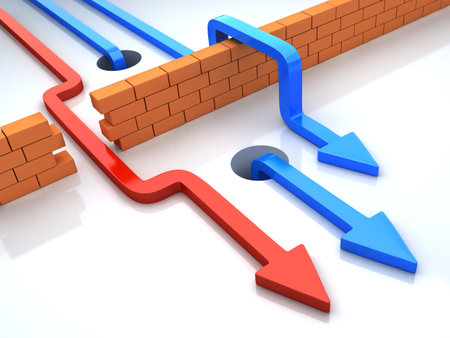 Business overcomes obstacles applying different strategy. Multicolor arrows goes across brick wall. Conceptual 3d  illustrationの写真素材