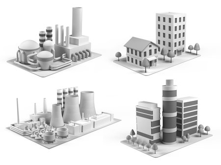 Set of different stylised buildings, office center, powerhouse, factory and  dwelling house on white background. Isometric view.  3d illustrationの写真素材