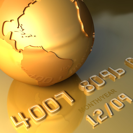 Abstract international gold credit card and golden globe. Business travel 3d illustrationの写真素材