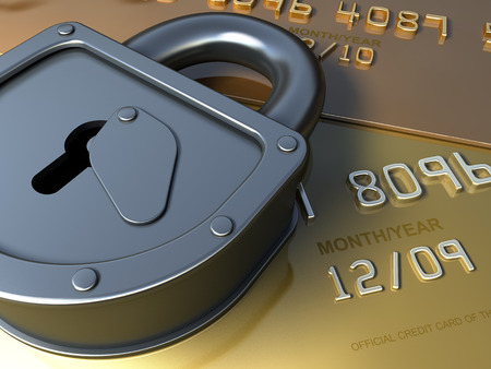 Fantasy golden credit card and lock for security. finance 3d illustrationの写真素材