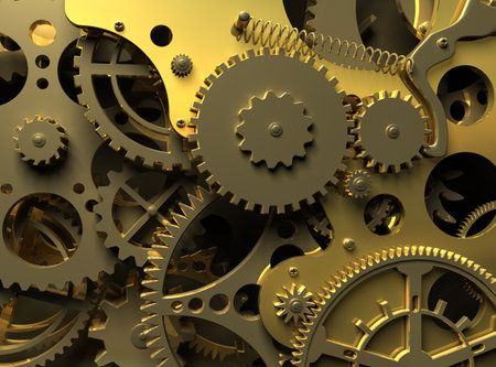 Clock inside. Closeup golden clockwork.  Industrial 3d illustrationの写真素材