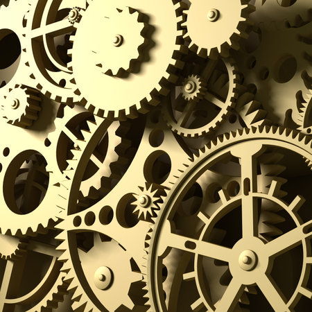 Fantasy golden clockwork or part of any machine. Closeup gears. Industrial 3d illustration.の写真素材