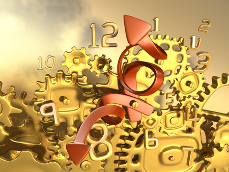 Crazy time. Close-up fantasy golden clockwork. Surreal and conceptual 3d illustrationの写真素材