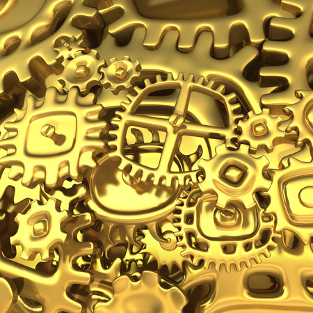 Fantasy machine inside. Artistic gears of gold similar to ancient. Conceptual 3d illustrationの写真素材