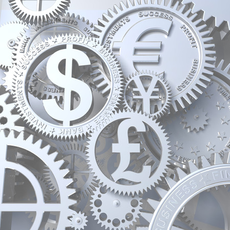 Time-money. Conceptual business 3d illustration. Silver clockwork with gears like currency sign. Euro, Dollar, Yen, Poundの写真素材