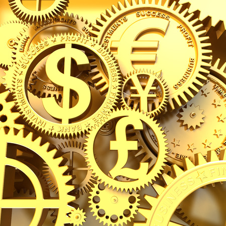 Time-money. Conceptual business 3d illustration. Silver clockwork with gears like currency sign. Euro, Dollar, Yen, Poundの写真素材